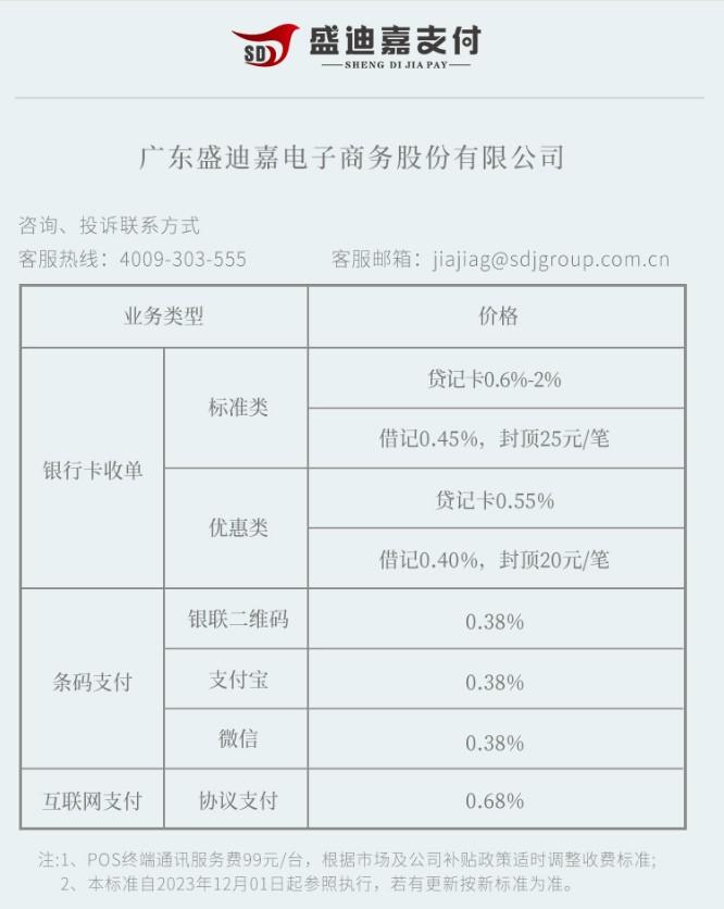 盛迪嘉POS機費率標(biāo)準(zhǔn)0.6%-2%，通訊服務(wù)費99元/臺